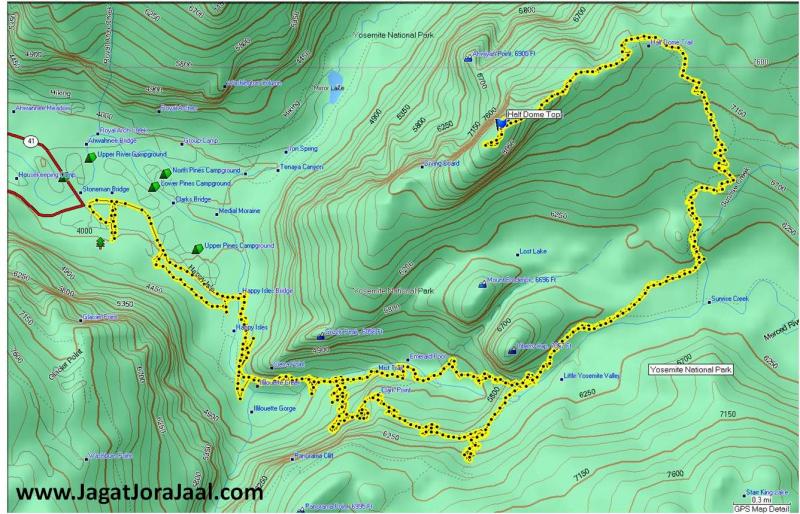 ハーフドームのハイキングコースのマップ