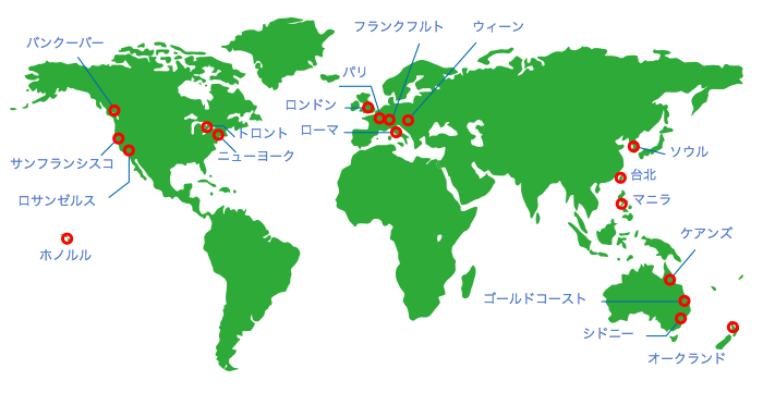 世界18都市にある海外デスク Jiデスクの位置