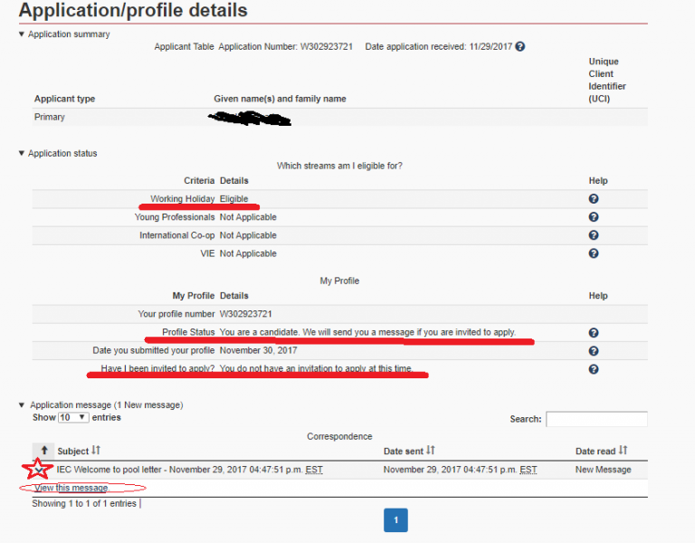 カナダのワーキングホリデービザの申請状況を確認する画面