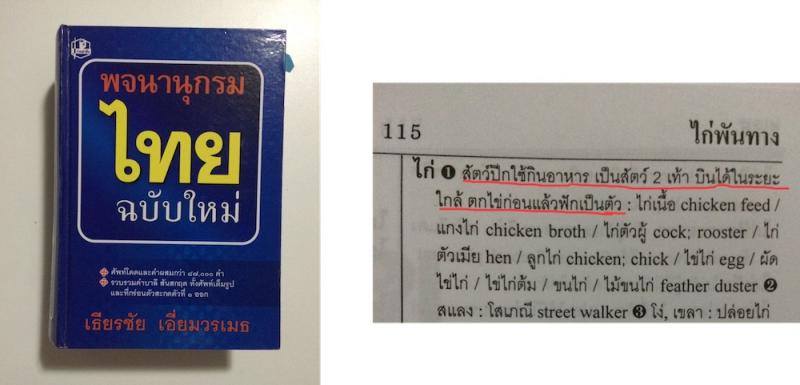 左側が実際に筆者が使用しているタイ-タイ辞典で右側が実際に「ไก่(にわとり)」を調べたときに載っているページ。