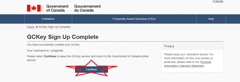 カナダ・ワーホリビザの「GCKey」の登録完了画面